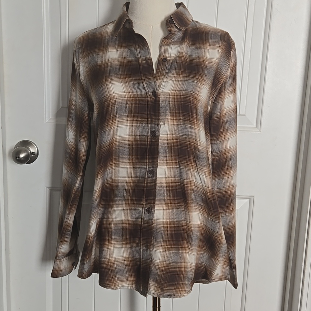 Banana Republic Factory Flannel Boyfriend Shirt Brown Plaid Western Style Small - Picture 2 of 7